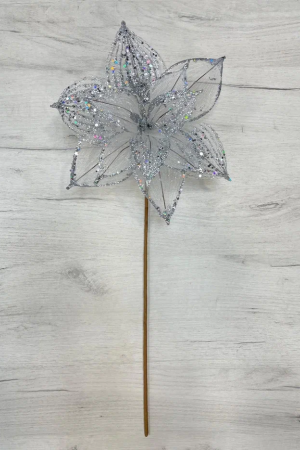 Ветвь Пуансеттия серебро 73х30 см, Christmas DeLuxe (87469)