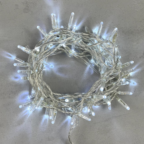 Светодиодная гирлянда с колпачком 100 холодных белых LED ламп 10 м., мерцание, 24В., прозрачный провод ПВХ, IP65, LTC (PST100BLWCAP-10-1W)
