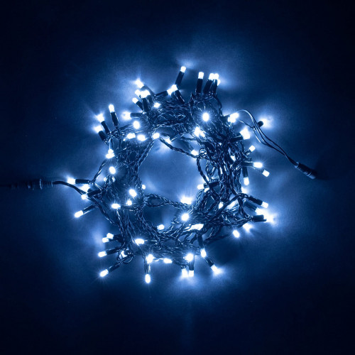  Светодиодная гирлянда с колпачком 100 холодных белых LED ламп 10 м., мерцание, 24В., черный провод ПВХ, IP65, LTC (PST100BLWCAP-11-1W) 