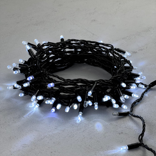  Светодиодная гирлянда с колпачком 100 холодных белых LED ламп 10 м., мерцание, 24В., черный провод ПВХ, IP65, LTC (PST100BLWCAP-11-1W) 