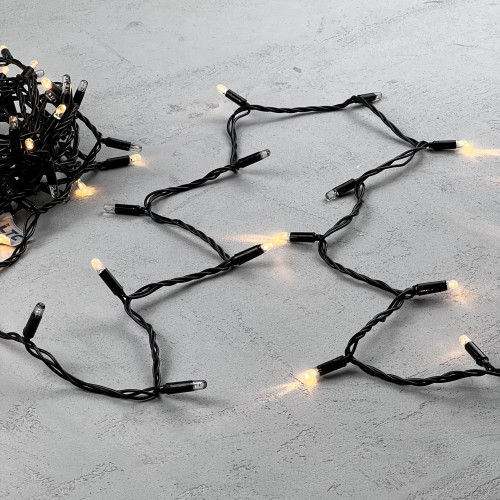 Светодиодная гирлянда с колпачком 100 теплых белых LED ламп 10 м., мерцание каждого диода, 24В., черный провод ПВХ, IP65, LTC (PST100ABLCAP-11-1WW)