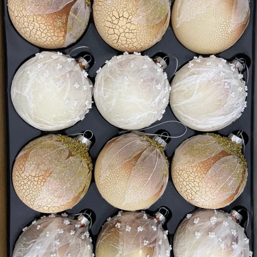 Набор стеклянных шаров Райский сад 80 мм., 12 шт., песочный, Christmas DeLuxe (86802) 