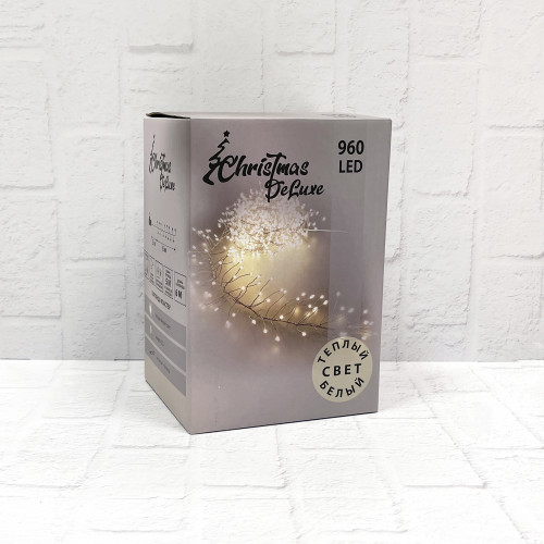 Светодиодная нить кластер 960 теплых белых ламп, 6 м., 8 режимов, зеленый провод, Christmas DeLuxe (87448)