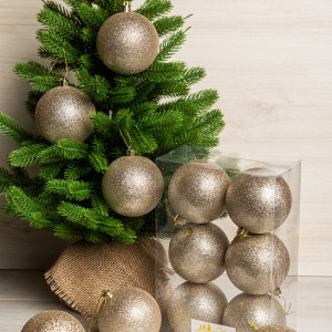 Набор пластиковых шаров Анет 80 мм., шампань глиттер, 6 шт., ЕлкиТорг (150340)