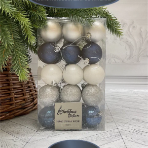 Набор пластиковых шаров  Толледо 60 мм., белый-синий-серебро, 30 шт., Christmas DeLuxe (89770)