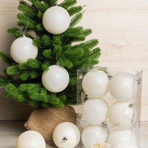 Набор пластиковых шаров Анет 80 мм., белый глиттер, 6 шт., ЕлкиТорг (150342)