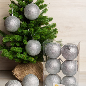 Набор пластиковых шаров Анет 80 мм., серебро глиттер, 6 шт., ЕлкиТорг (150343)