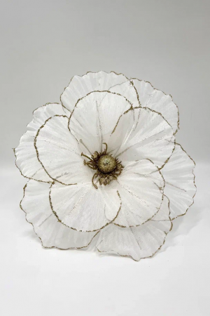 Декоративный цветок Воздушный поток 27 см., белый с золотом, на клипсе, органза, Christmas DeLuxe (13530)