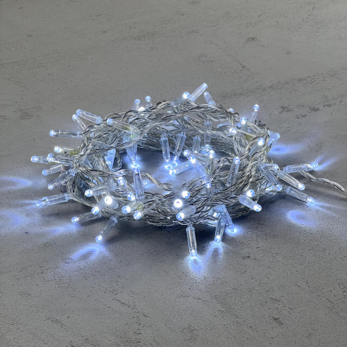Светодиодная гирлянда с колпачком 100 холодных белых LED ламп 10 м., 220-230 В., прозрачный провод ПВХ, IP65, LTC (PST100CAP-10-2W)