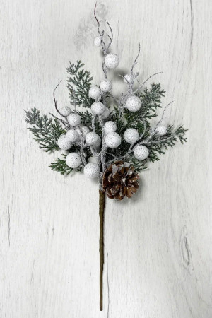 Ветвь заснеженная Блестящая с белыми ягодами и шишками 35 см., Christmas DeLuxe (89185)