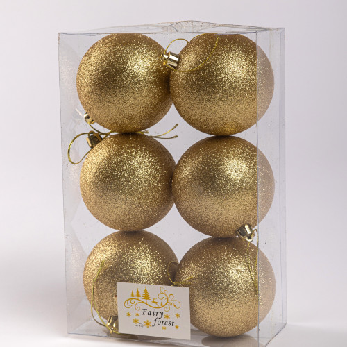 Набор пластиковых шаров Анет 80 мм., золото глиттер, 6 шт., ЕлкиТорг (150345)