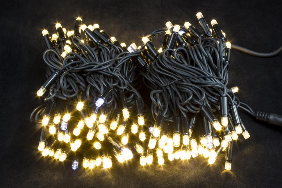 Светодиодная нить с мерцающим диодом 20 м., 220V, 200 теплых белых LED ламп, черный каучук, соединяемая, Winner Light (ww.01.7B.200+)