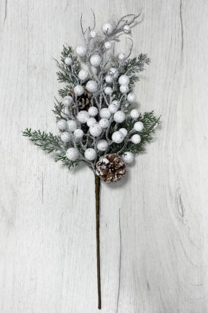 Ветвь заснеженная Блестящая с белыми ягодами и шишками 50 см., Christmas DeLuxe (89186)