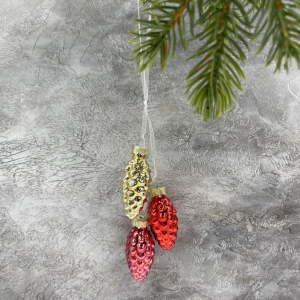 Набор стеклянных украшений Гроздь Шишек, 3 шт., 6 см., золото, красный, темно-красный, Christmas DeLuxe (89875)