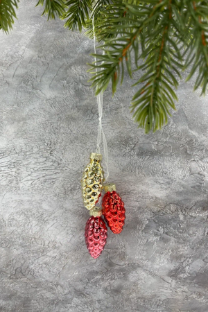 Набор стеклянных украшений Гроздь Шишек, 3 шт., 6 см., золото, красный, темно-красный, Christmas DeLuxe (89875)