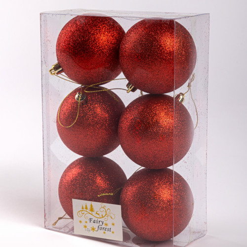 Набор пластиковых шаров Анет 80 мм., красный глиттер, 6 шт., ЕлкиТорг (150346)