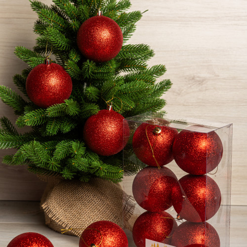 Набор пластиковых шаров Анет 80 мм., красный глиттер, 6 шт., ЕлкиТорг (150346)