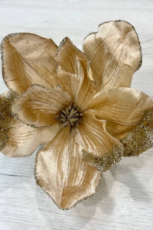 Декоративный цветок Магнолия 23 см., шампань, на клипсе, бархат, Christmas DeLuxe (13910)