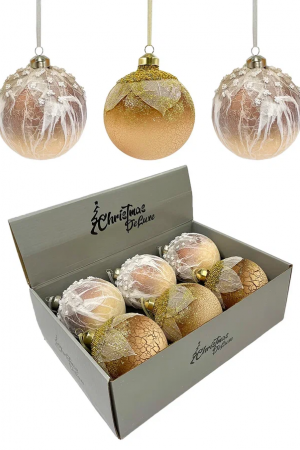 Набор винтажных стеклянных шаров Райский сад  100 мм., песочный, 6 шт., Christmas DeLuxe (14036)