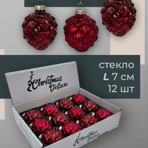 Набор стеклянных кедровых шишек 7 см., 12 шт., бордо, Christmas DeLuxe (14726)