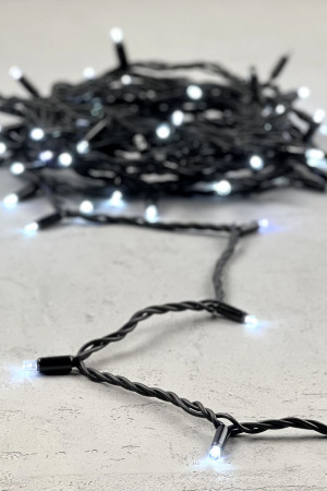 Светодиодная гирлянда с колпачком 75 холодных белых LED ламп 10 м., мерцание, 24В., черный каучуковый провод, IP65, LTC (LL75BLW-1-1W)