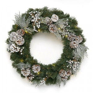 Рождественский венок Элитный с серебряным декором 60 см., 30 теплых-белых Led ламп, Литая хвоя+ПВХ, ЕлкиТорг (52099)