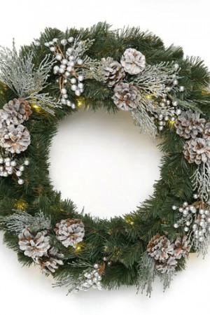 Рождественский венок Элитный с серебряным декором 60 см., 30 теплых-белых Led ламп, Литая хвоя+ПВХ, ЕлкиТорг (52099)