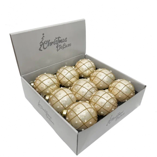 Набор винтажных стеклянных шаров Благородная нежность 80 мм., бежевый с золотом, 9 шт., Christmas DeLuxe (13136)