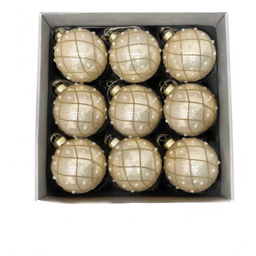 Набор винтажных стеклянных шаров Благородная нежность 80 мм., бежевый с золотом, 9 шт., Christmas DeLuxe (13136)