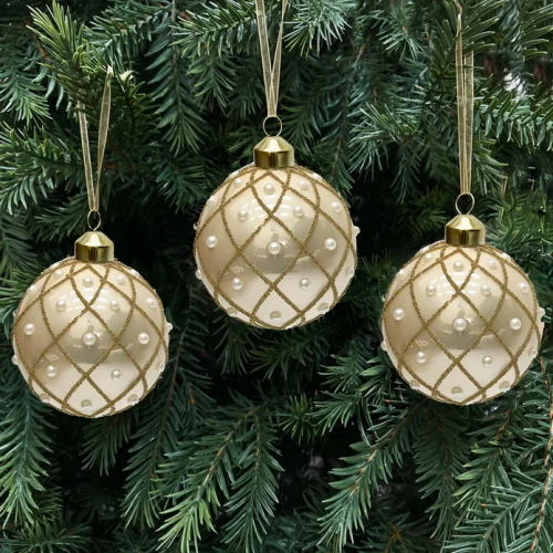 Набор винтажных стеклянных шаров Благородная нежность 80 мм., бежевый с золотом, 9 шт., Christmas DeLuxe (13136)