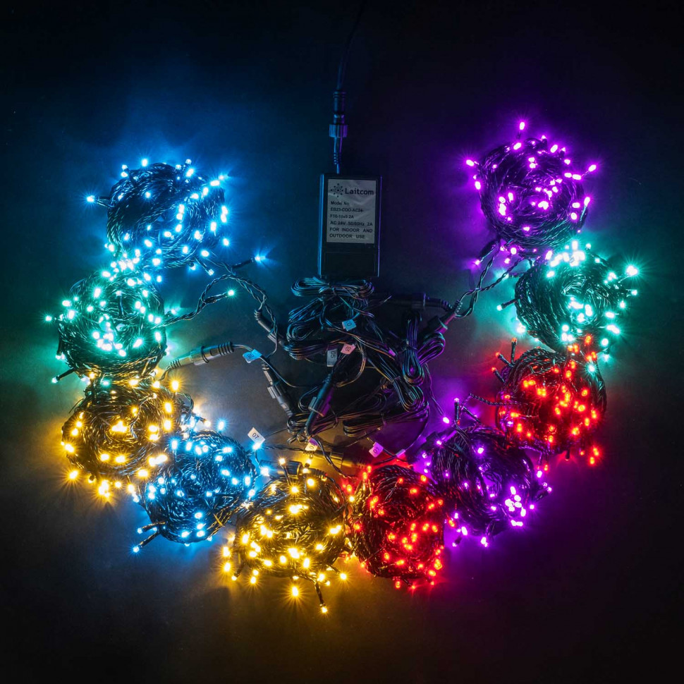 Комплект LED освещения для ели высотой до 10 м., цвет ламп: красный, теплый белый, аквамарин, нежно-розовый, светло-голубой, контроллер, силиконовый провод, (KFCT1000-10F11-1M2)