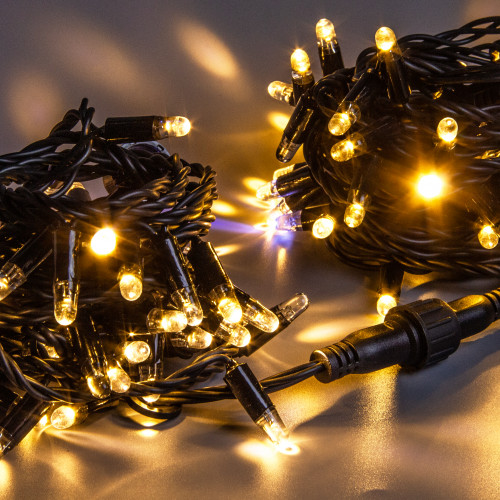  Светодиодная нить 100 теплых белых LED ламп, 10 м., 220В, мерцание, черный резиновый провод 2,3 мм., Teamprof (TPF-S10CF-220V-SRB/WW)