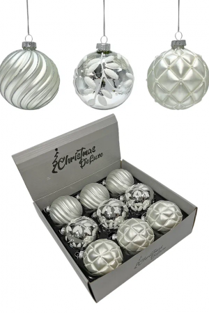 Набор винтажных стеклянных шаров Старинный вальс 80 мм., серебро, 9 шт., Christmas DeLuxe (14089)