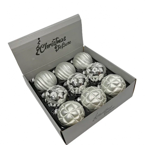 Набор винтажных стеклянных шаров Старинный вальс 80 мм., серебро, 9 шт., Christmas DeLuxe (14089)