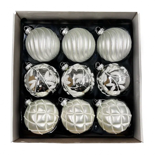 Набор винтажных стеклянных шаров Старинный вальс 80 мм., серебро, 9 шт., Christmas DeLuxe (14089)