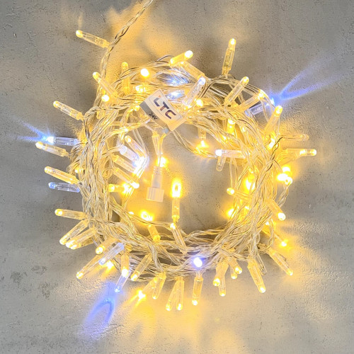 Светодиодная гирлянда с колпачком 100 теплых белых LED ламп 10 м., мерцание, 220-230 В., прозрачный провод ПВХ, IP65, LTC (PST100BLWCAP-10-2WW)