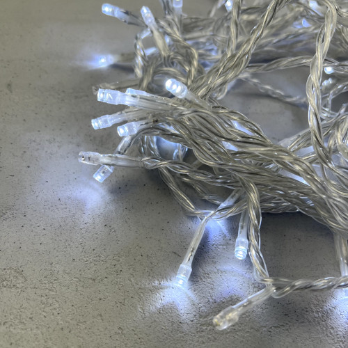 Светодиодная гирлянда с белым бликующим диодом 10 м, 220-230V., 100 холодных белых LED ламп, прозрачный ПВХ, LTC (PST100BLW-10-2W)