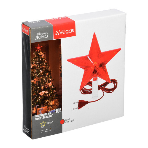 Светодиодная макушка Звезда красная, 10 LED ламп, 15*15 см., 220В, зеленый провод, Vegas (55097)