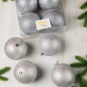 Набор пластиковых шаров Глория 100 мм., серебро глиттер, 4 шт., ЕлкиТорг (150440)