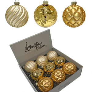 Набор винтажных стеклянных шаров Старинный вальс 80 мм., пудрово-золотой, 9 шт., Christmas DeLuxe (14090)
