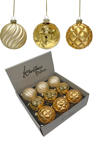 Набор винтажных стеклянных шаров Старинный вальс 80 мм., пудрово-золотой, 9 шт., Christmas DeLuxe (14090)
