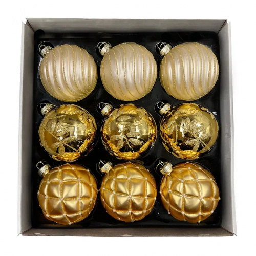 Набор винтажных стеклянных шаров Старинный вальс 80 мм., пудрово-золотой, 9 шт., Christmas DeLuxe (14090)