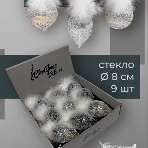 Набор стеклянных украшений Ледяной дождь 80 мм., 9 шт., шар, капля, луковка, прозрачный, Christmas DeLuxe (14033)