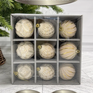 Набор пластиковых шаров Рандеву 80 мм., 9 шт., белый с золотом, Christmas DeLuxe (87804) 