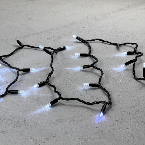 Светодиодная гирлянда с колпачком 100 холодных белых LED ламп 10 м., мерцание, 220-230 В., черный провод ПВХ, IP65, LTC (PST100BLWCAP-11-2W)