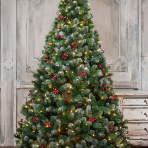 Искусственная сосна Очарование 240 см., с шишками и ягодками, 690 теплых-белых LED ламп, Леска+ПВХ, ЕлкиТорг (142240)