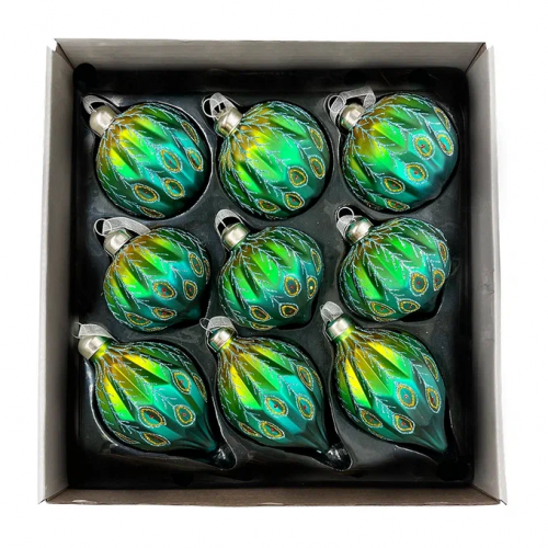 Набор стеклянных украшений Перо павлина 80 мм., 9 шт., шар, капля, луковка, зеленый, Christmas DeLuxe (13962)