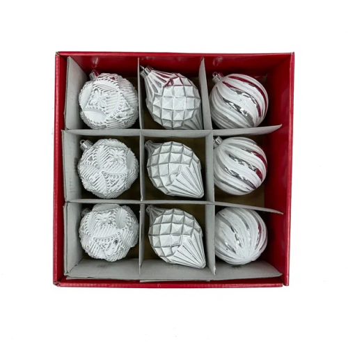 Набор пластиковых шаров Рандеву 80 мм., 9 шт., белый с серебром, Christmas DeLuxe (87805)