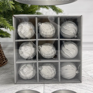 Набор пластиковых шаров Рандеву 80 мм., 9 шт., белый с серебром, Christmas DeLuxe (87805)