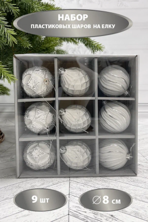 Набор пластиковых шаров Рандеву 80 мм., 9 шт., белый с серебром, Christmas DeLuxe (87805)